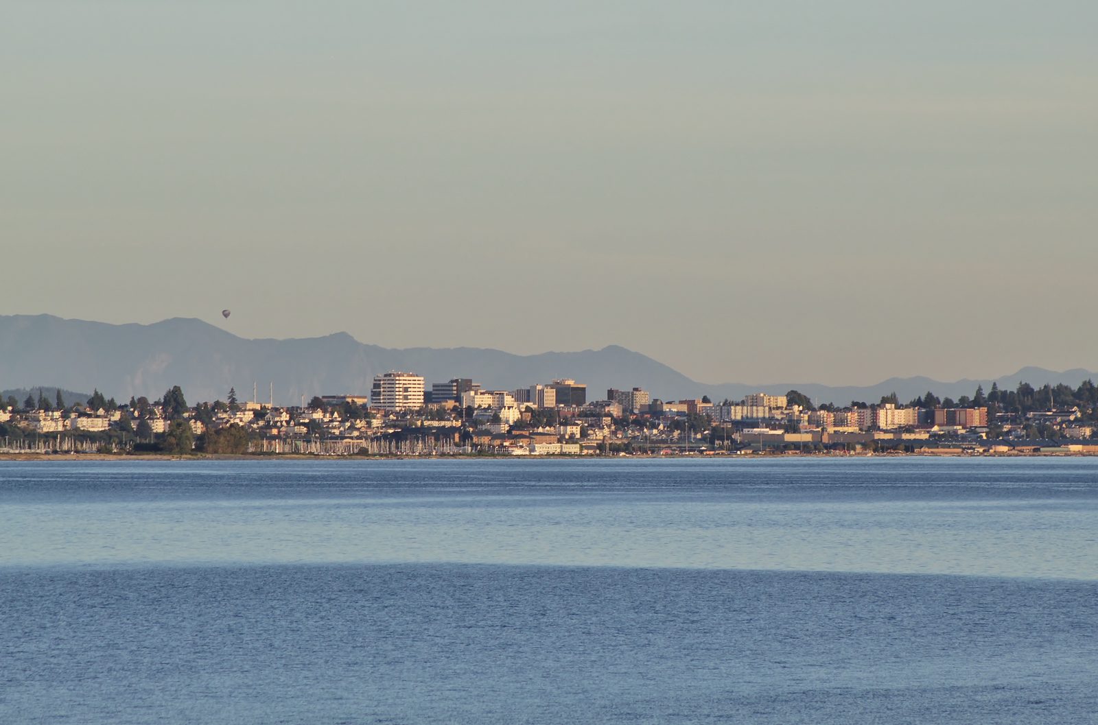 Everett, Washington skyline viewed across Port Gardner Bay, with the waterfront and downtown visible