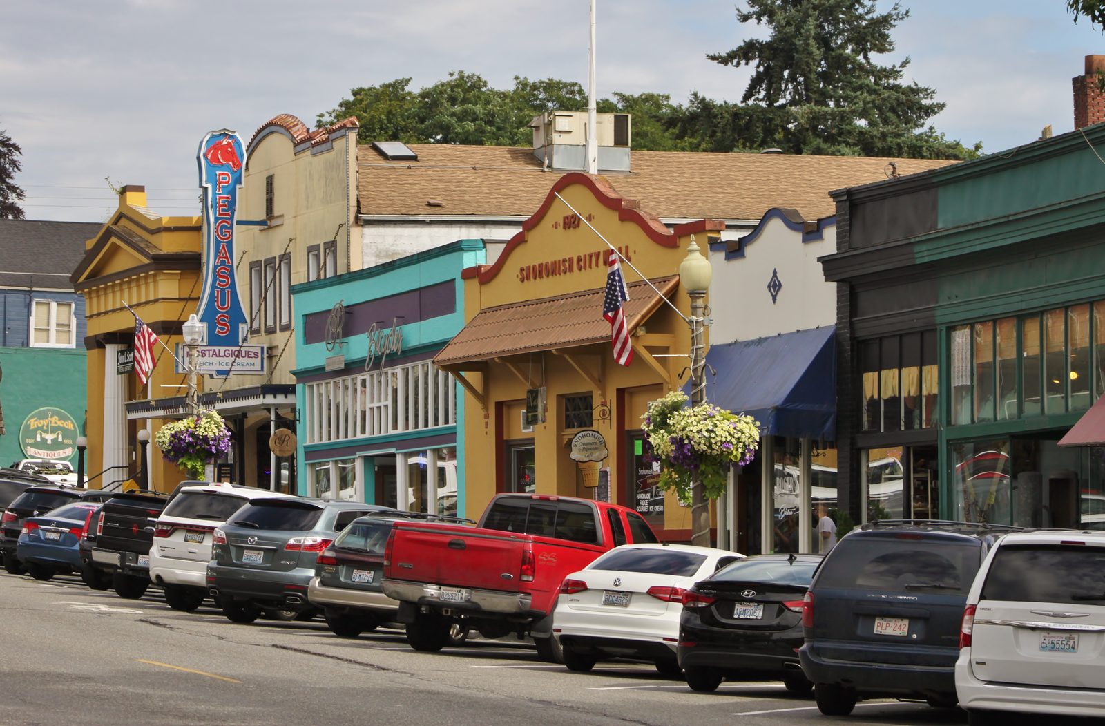 Historic First Street storefronts in downtown Snohomish, Washington — the 26-block National Register historic district and antique capital of the Northwest